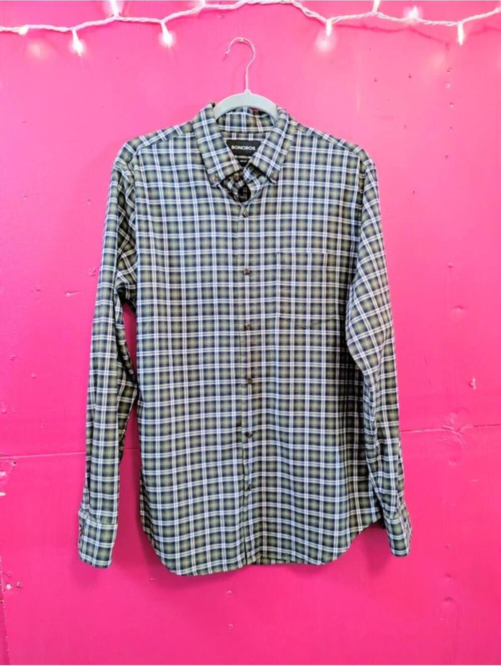 Bonobos Green Navy Plaid Cotton Button Up Shirt M